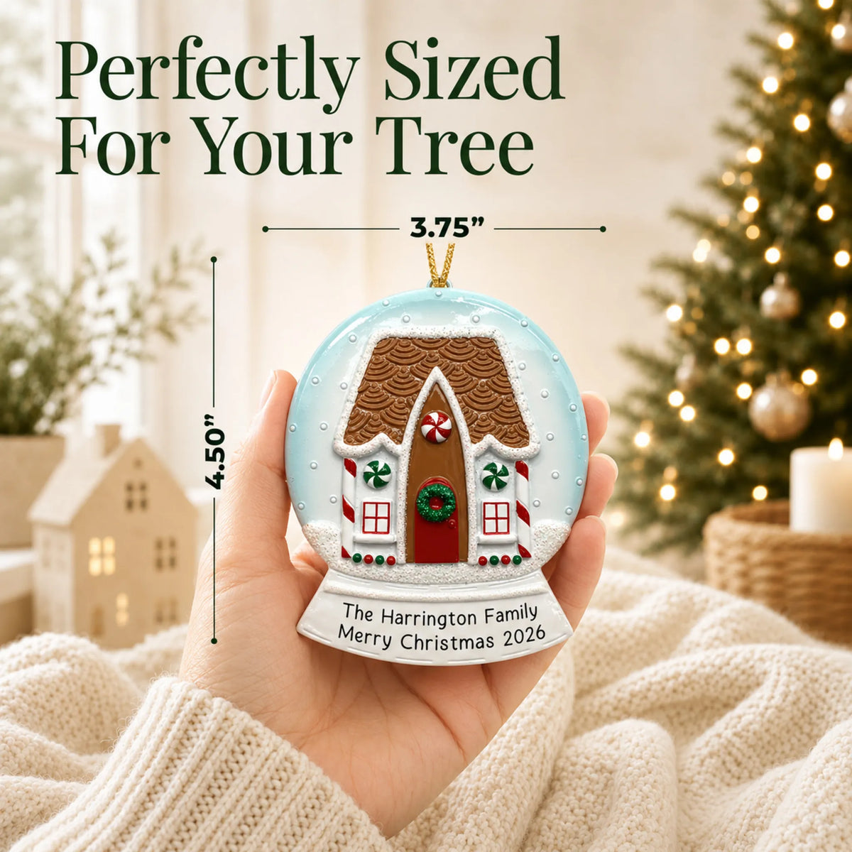 Size guide: the personalized Gingerbread House Snow Globe christmas ornament is 3.75 in wide by 4.50 in tall, shown in hand