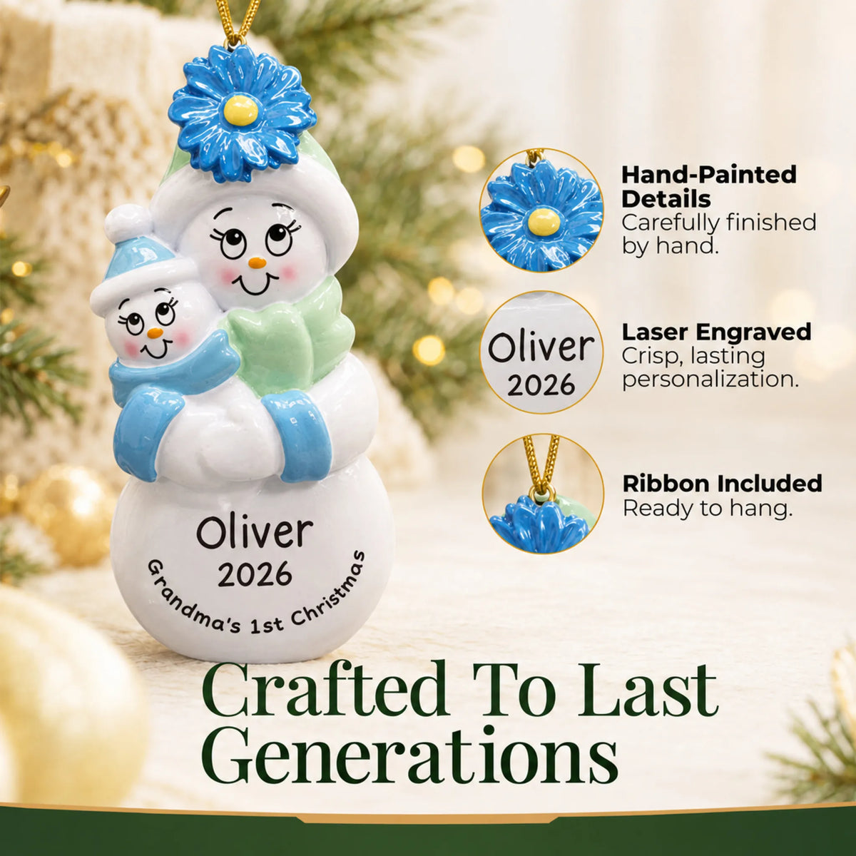 Hand-painted details and laser engraved personalization on the grandma's 1st christmas ornament, ribbon included