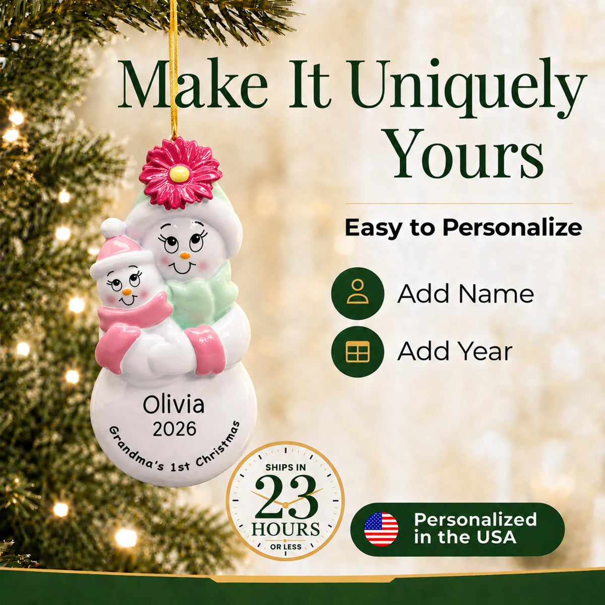 Make it yours: personalize the pink grandma's 1st christmas ornament
