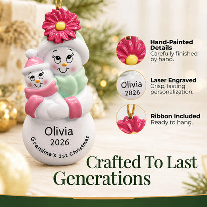 Hand-painted details and laser engraved personalization on the pink grandma's 1st christmas ornament, ribbon included