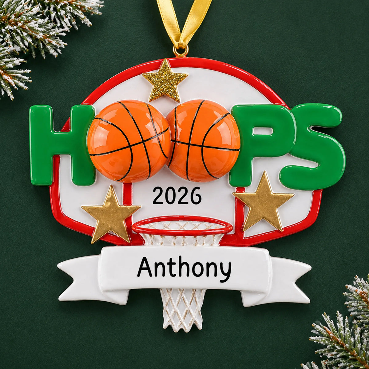 Personalized basketball hoops christmas ornament on a dark green pine background