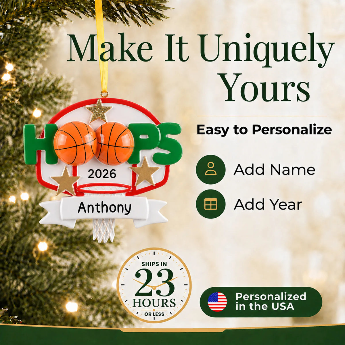 Make it yours: add name and year to the personalized basketball hoops christmas ornament