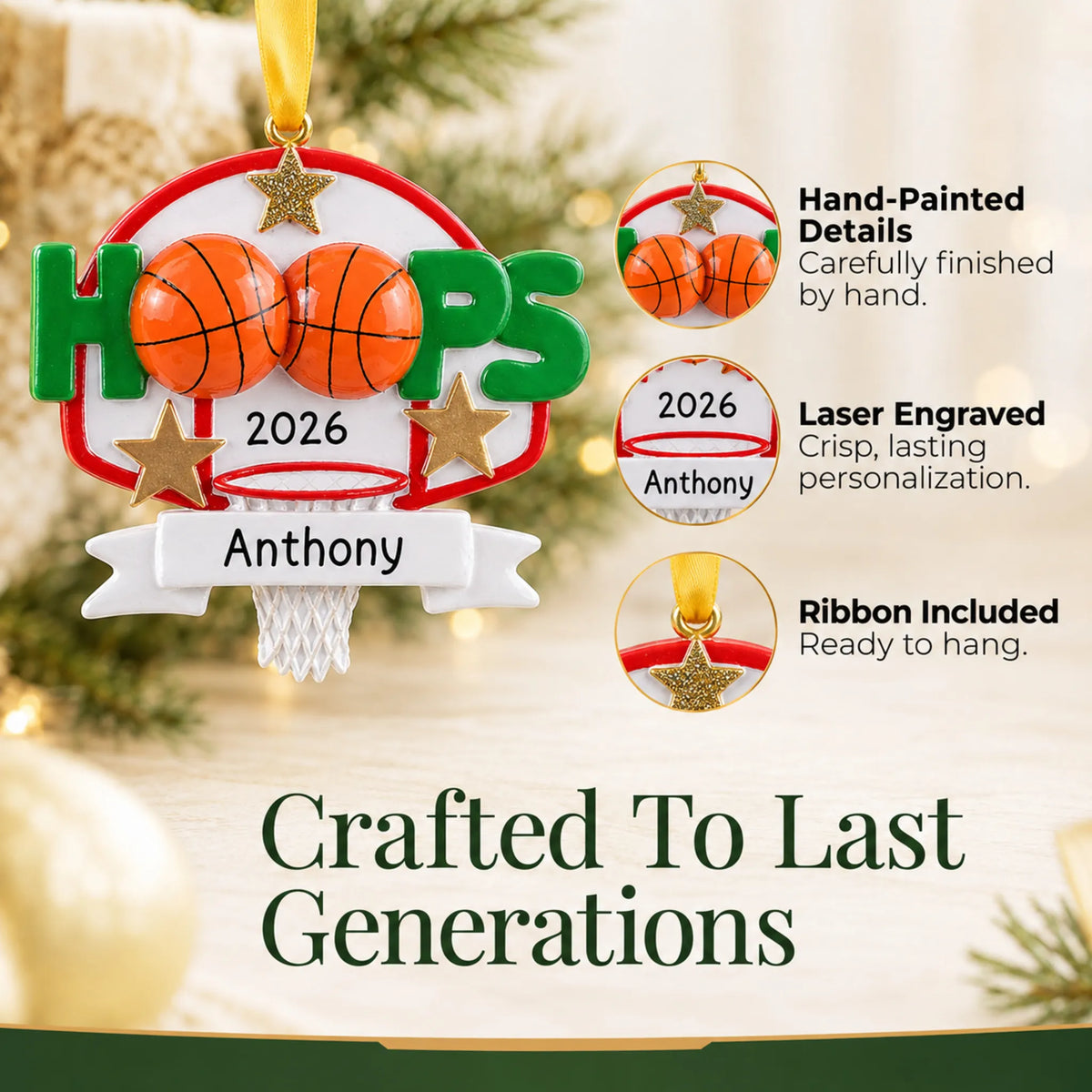 Hand-painted details and laser engraved personalization on the basketball hoops christmas ornament, ribbon included