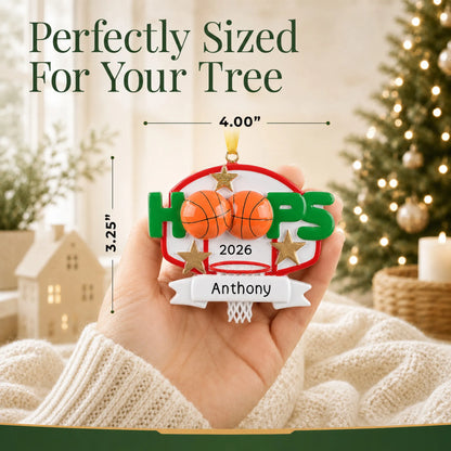 Size guide: the personalized basketball hoops christmas ornament is 4.00 in wide by 3.25 in tall, shown in hand