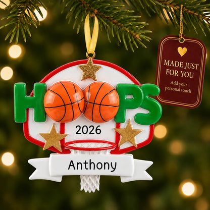 Basketball hoops christmas ornament hanging on a lit Christmas tree with a Made Just For You gift tag