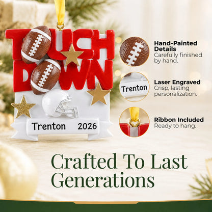 Hand-painted details and laser engraved personalization on the football touchdown christmas ornament, ribbon included