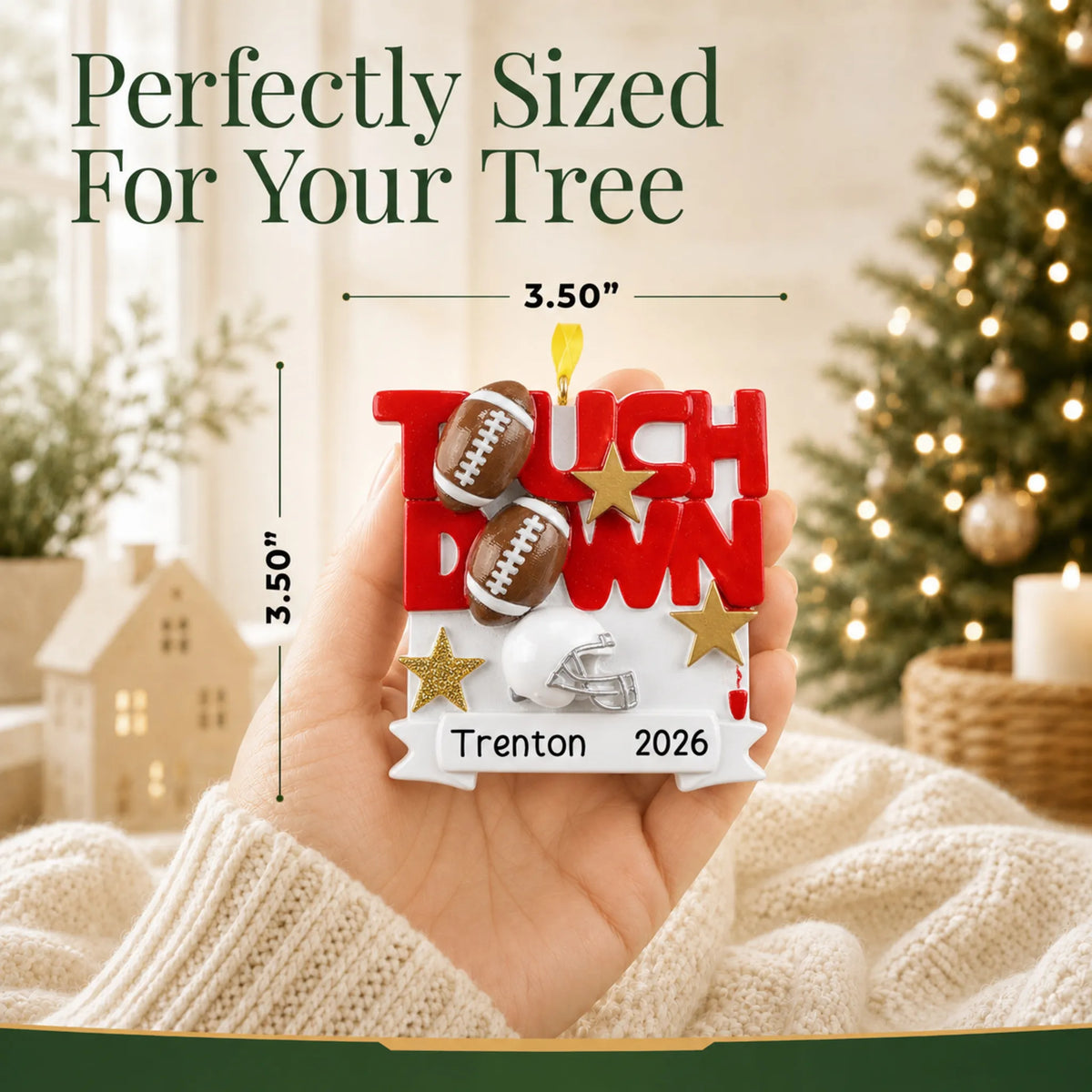 Size guide: the personalized football touchdown christmas ornament is 3.50 in wide by 3.50 in tall, shown in hand
