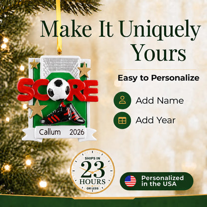 Make it yours: add name and year to the personalized soccer score christmas ornament