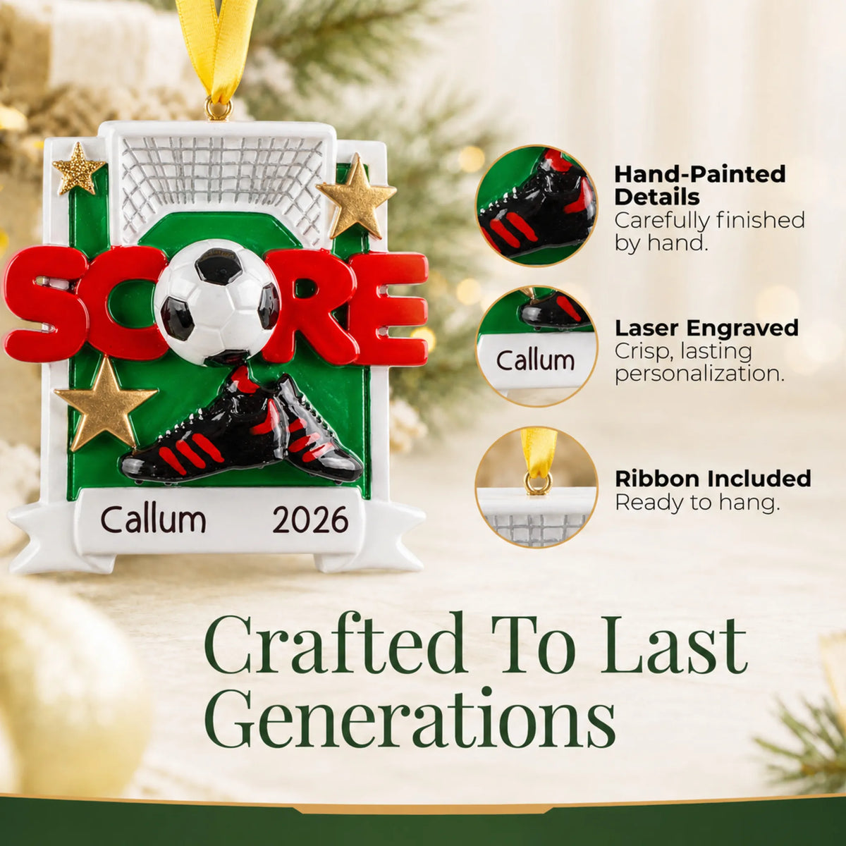 Hand-painted details and laser engraved personalization on the soccer score christmas ornament, ribbon included