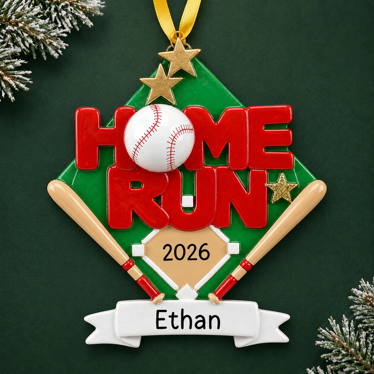 Personalized baseball home run christmas ornament on a dark green pine background