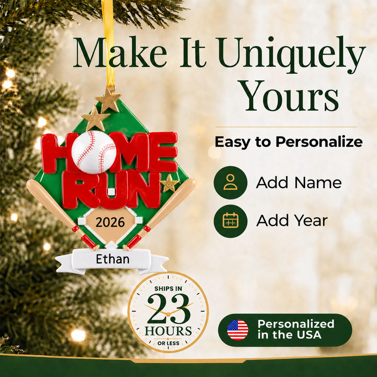 Make it yours: add name and year to the personalized baseball home run christmas ornament