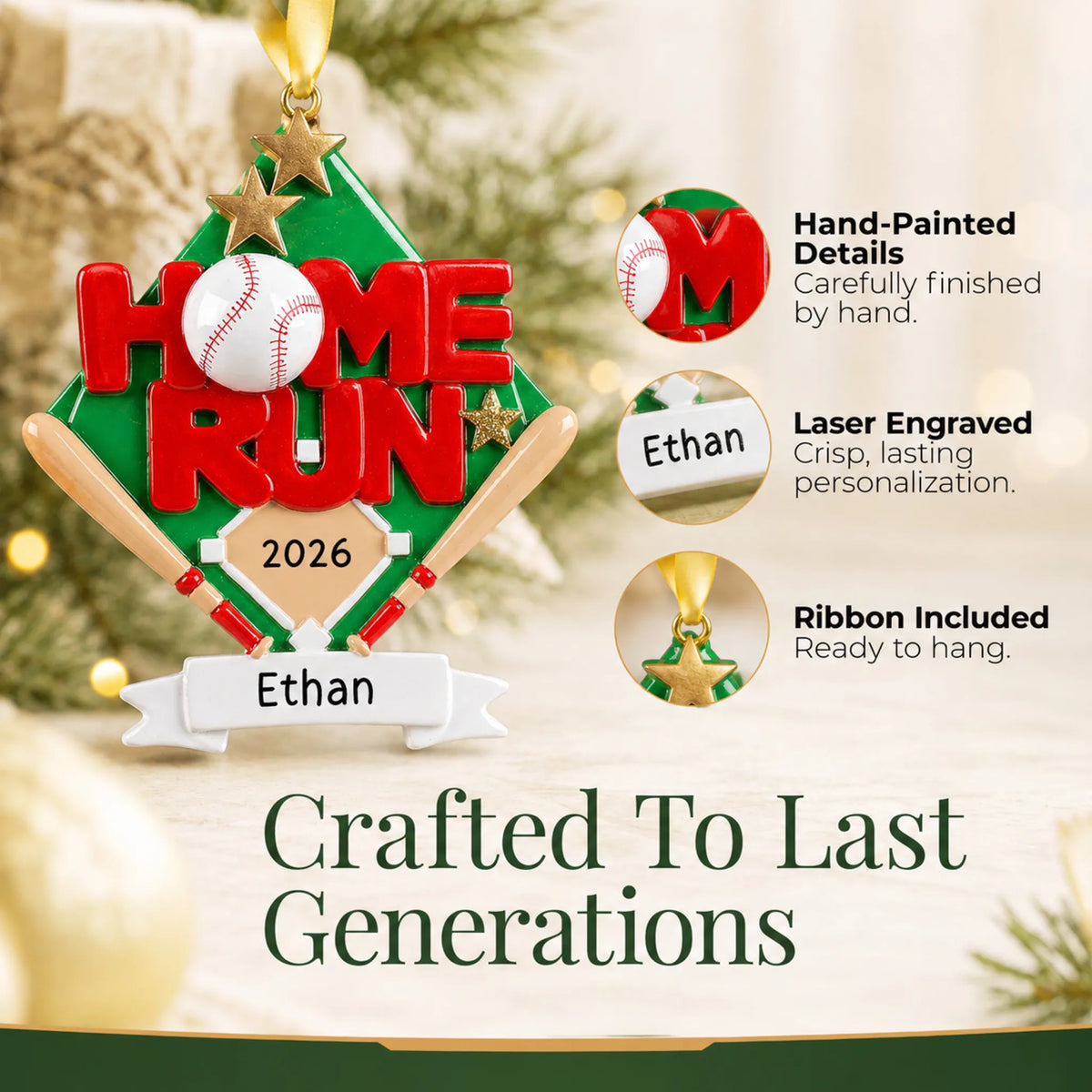 Hand-painted details and laser engraved personalization on the baseball home run christmas ornament, ribbon included