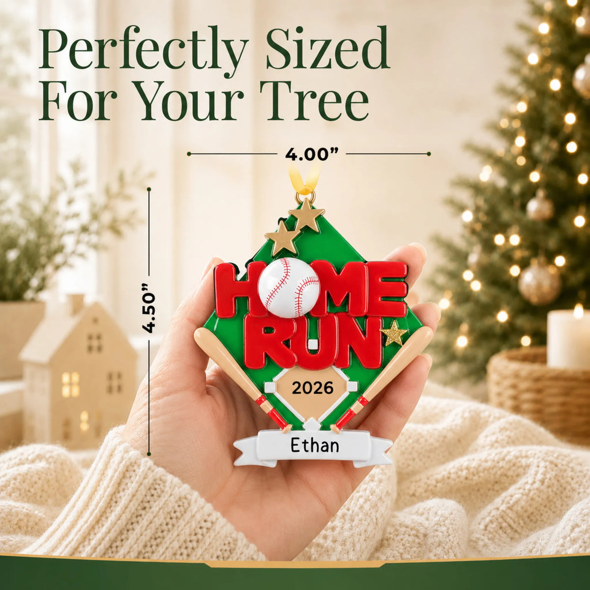 Size guide: the personalized baseball home run christmas ornament is 4.00 in wide by 4.50 in tall, shown in hand