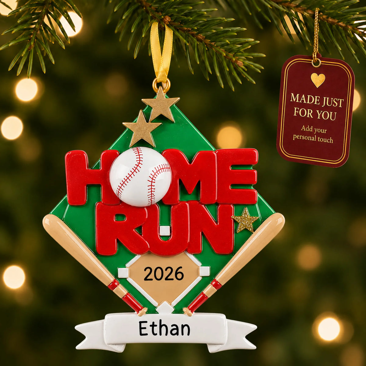 Baseball home run christmas ornament hanging on a lit Christmas tree with a Made Just For You gift tag