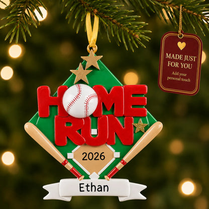Baseball home run christmas ornament hanging on a lit Christmas tree with a Made Just For You gift tag