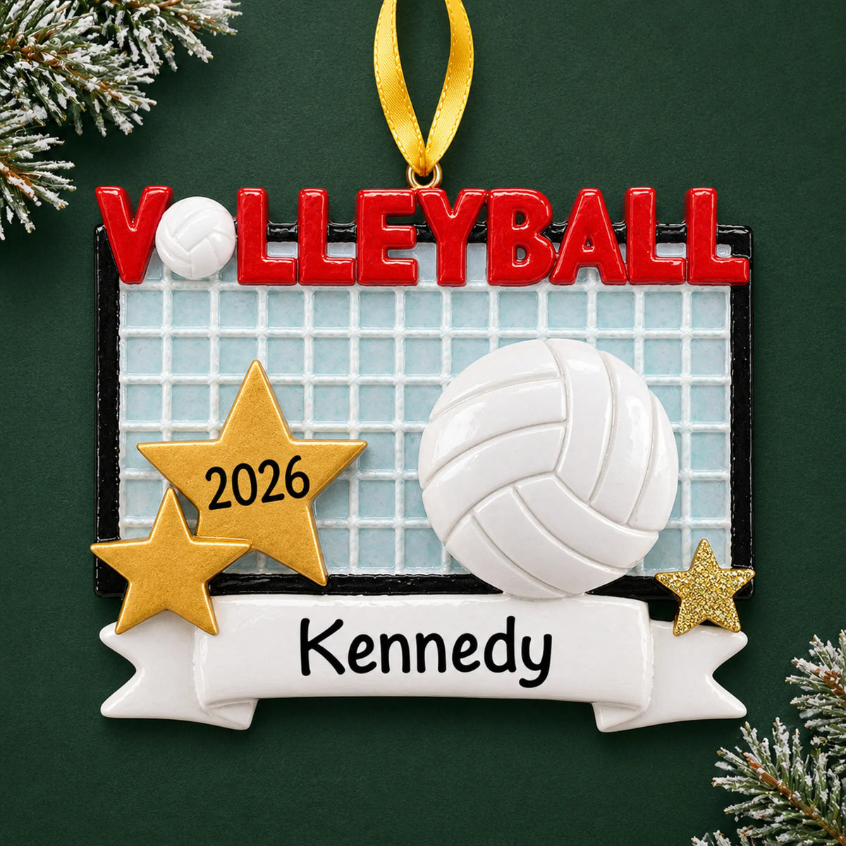 Personalized volleyball banner christmas ornament on a dark green pine background