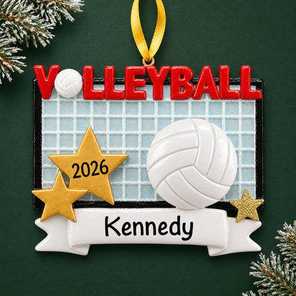 Personalized volleyball banner christmas ornament on a dark green pine background