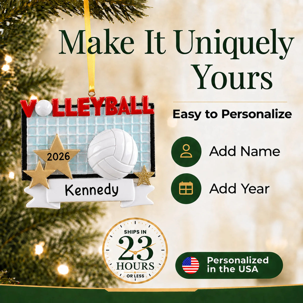 Make it yours: add name and year to the personalized volleyball banner christmas ornament