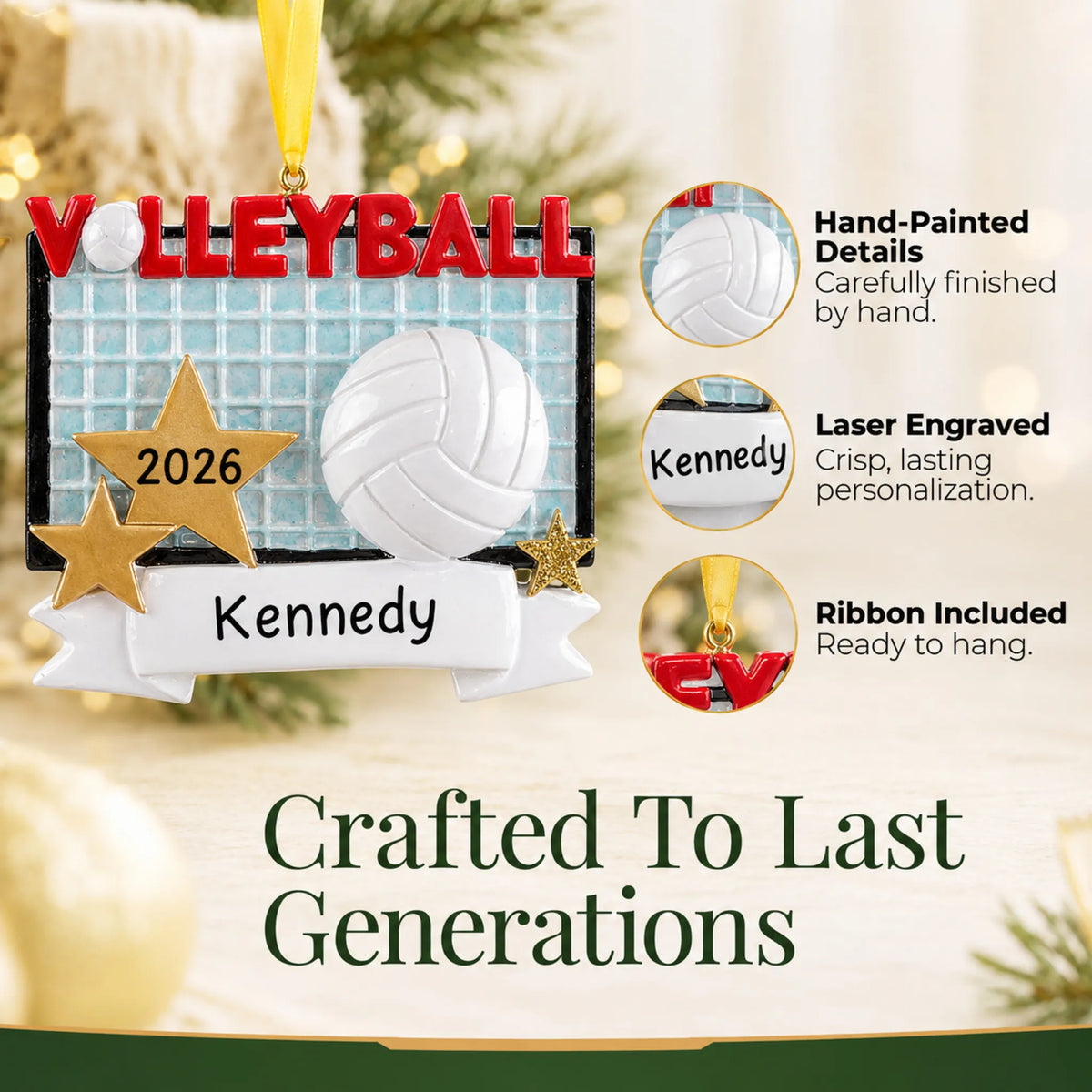 Hand-painted details and laser engraved personalization on the volleyball banner christmas ornament, ribbon included