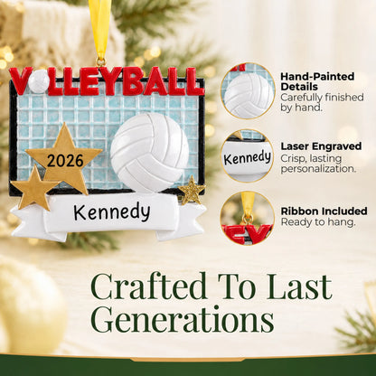 Hand-painted details and laser engraved personalization on the volleyball banner christmas ornament, ribbon included