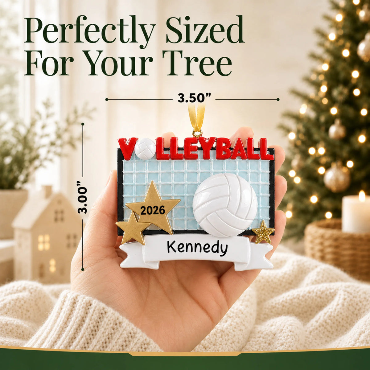 Size guide: the personalized volleyball banner christmas ornament is 3.50 in wide by 3.00 in tall, shown in hand