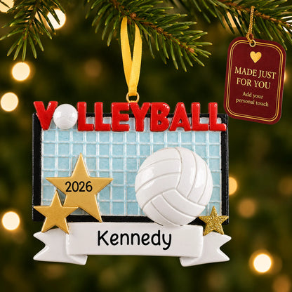 Volleyball banner christmas ornament hanging on a lit Christmas tree with a Made Just For You gift tag