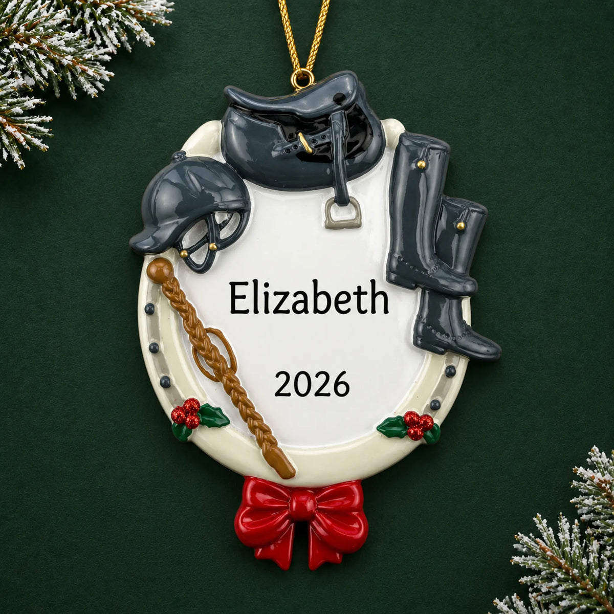 Personalized equestrian horse riding christmas ornament on a dark green pine background