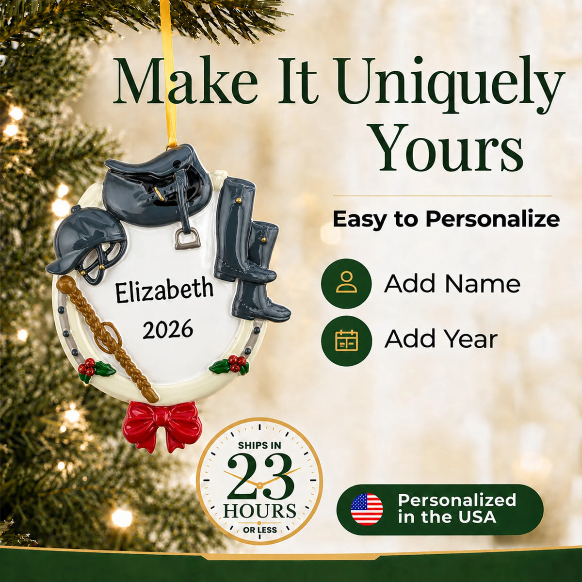 Make it yours: add name and year to the personalized equestrian horse riding christmas ornament