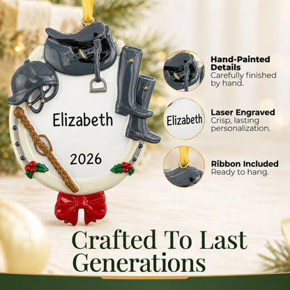 Hand-painted details and laser engraved personalization on the equestrian horse riding christmas ornament, ribbon included