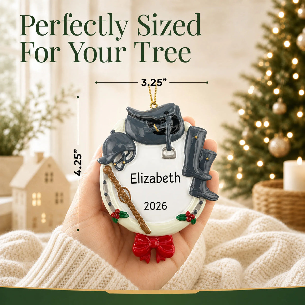 Size guide: the personalized equestrian horse riding christmas ornament shown in hand next to a Christmas tree