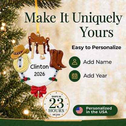 Make it yours: add name and year to the personalized cowboy western christmas ornament
