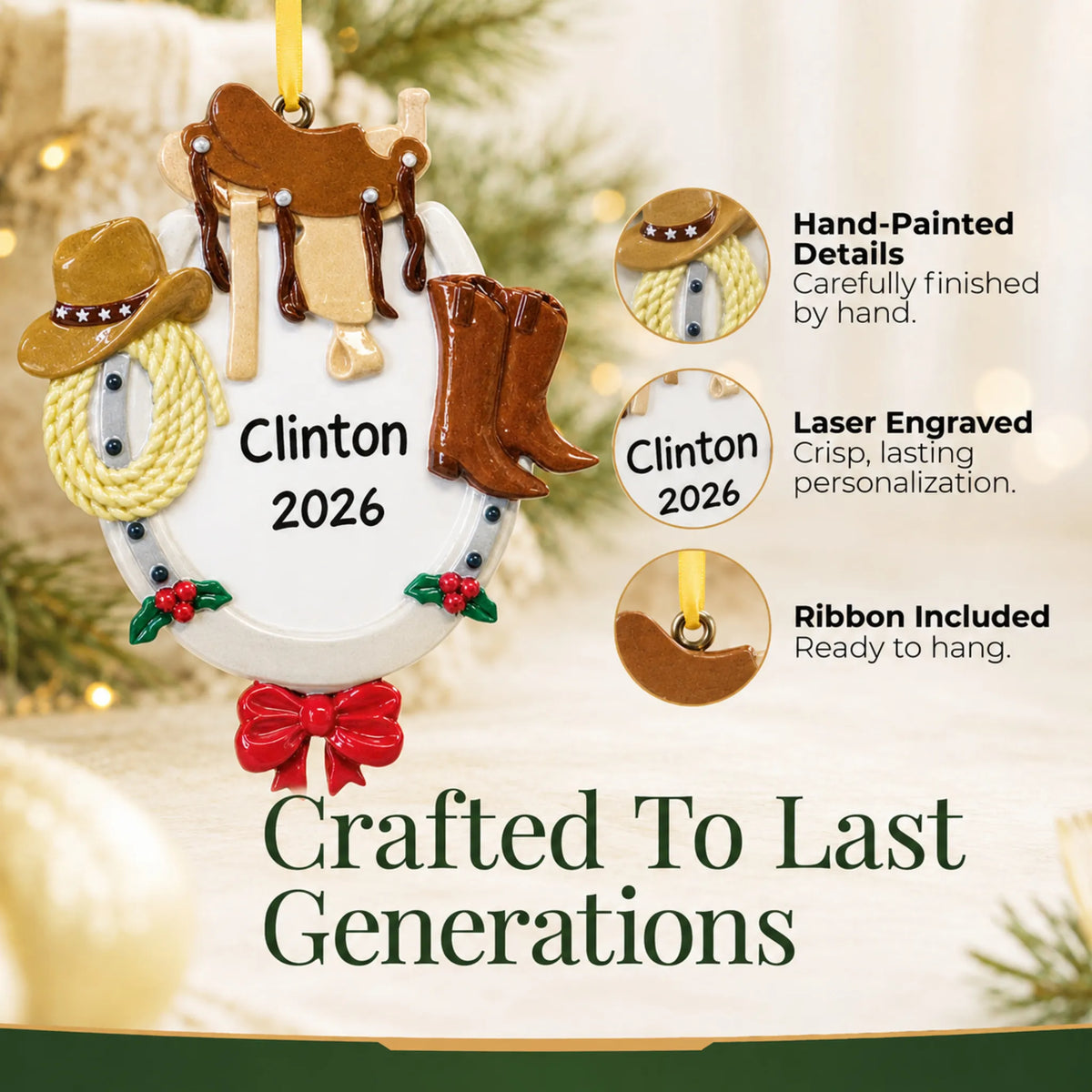 Hand-painted details and laser engraved personalization on the cowboy western christmas ornament, ribbon included