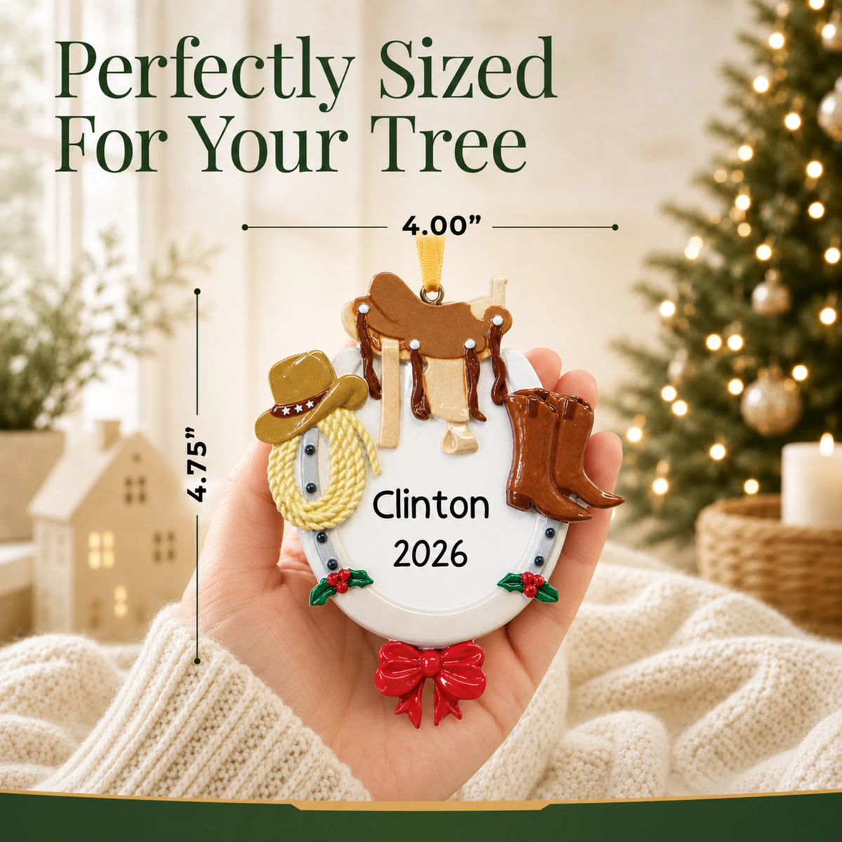 Size guide: the personalized cowboy western christmas ornament shown in hand next to a Christmas tree