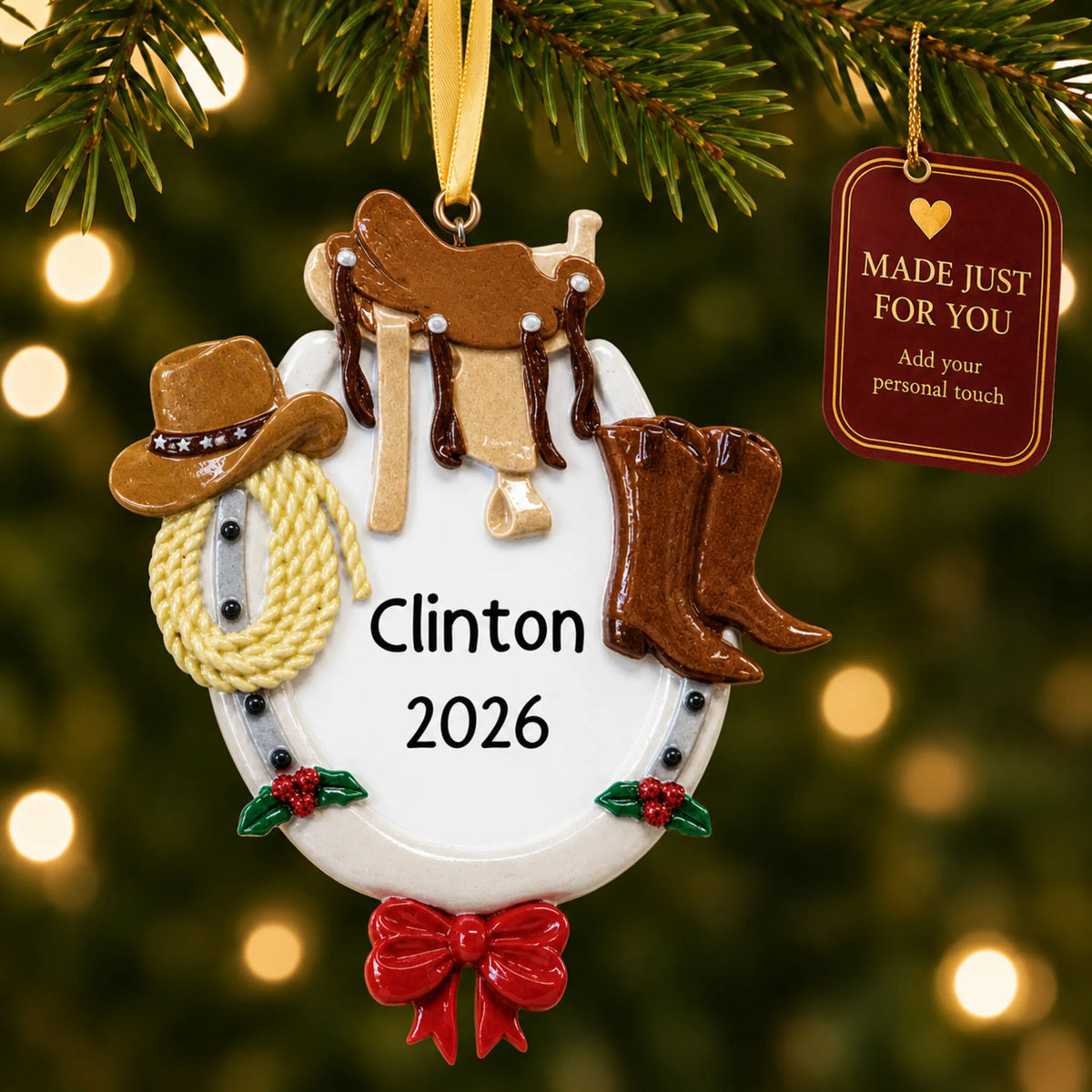 Cowboy western christmas ornament hanging on a lit Christmas tree with a Made Just For You gift tag
