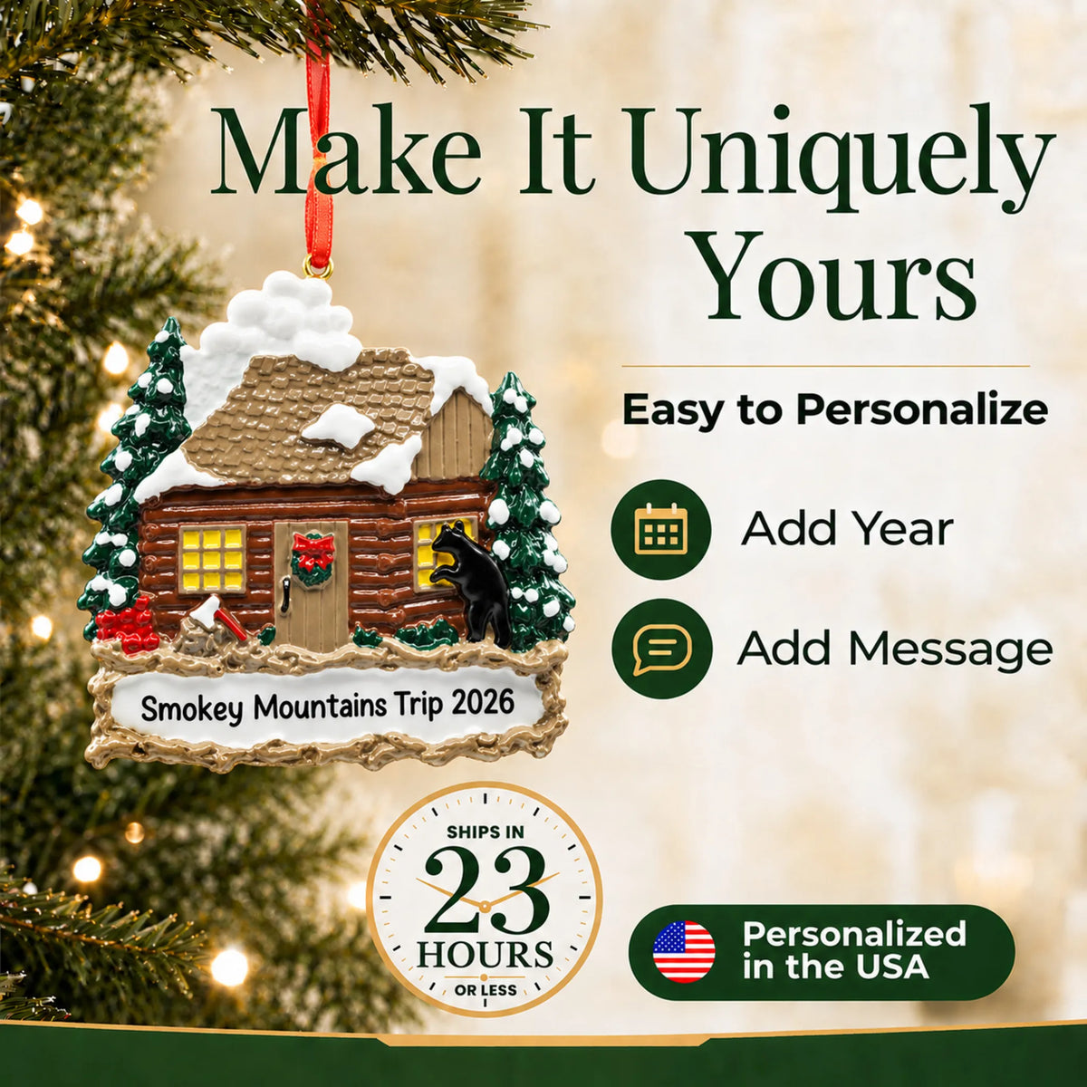 Make it yours: personalize the log cabin with banner christmas ornament