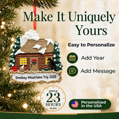 Make it yours: personalize the log cabin with banner christmas ornament