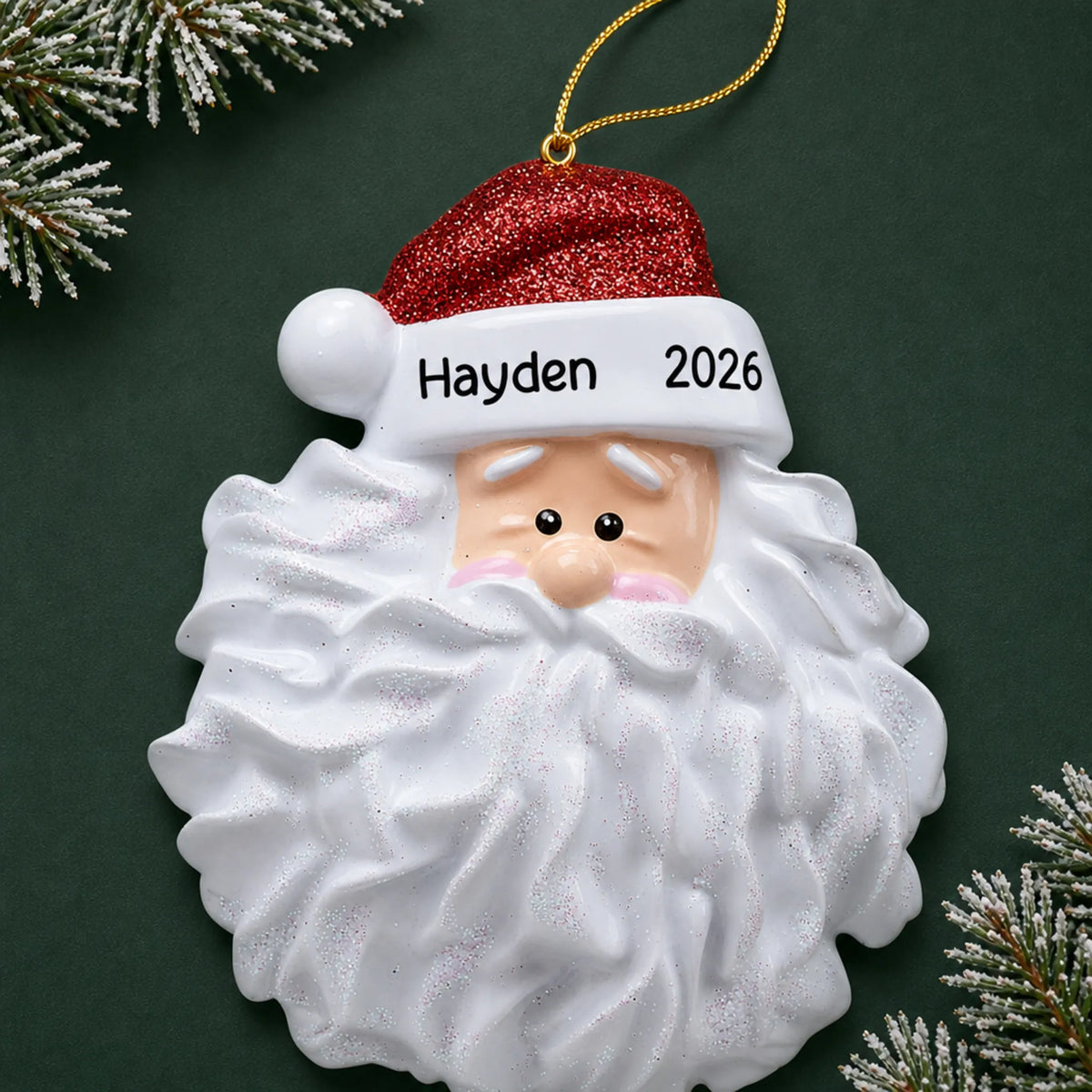 Personalized Santa Glitter Beard christmas ornament on a dark green pine background