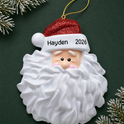 Personalized Santa Glitter Beard christmas ornament on a dark green pine background