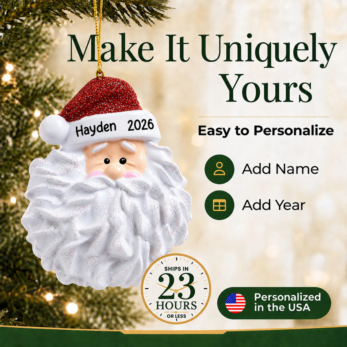 Make it yours: personalize the Santa Glitter Beard christmas ornament with a name and the year