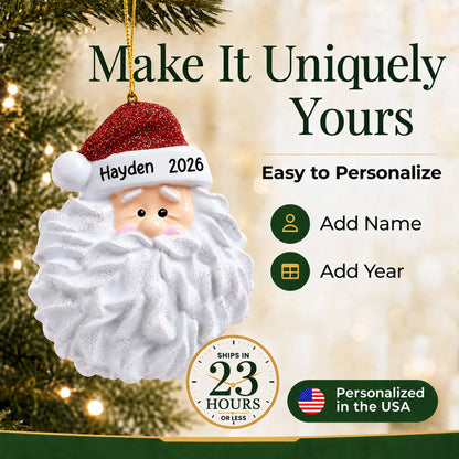 Make it yours: personalize the Santa Glitter Beard christmas ornament with a name and the year