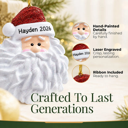 Hand-painted, laser engraved Santa Glitter Beard christmas ornament, ribbon included
