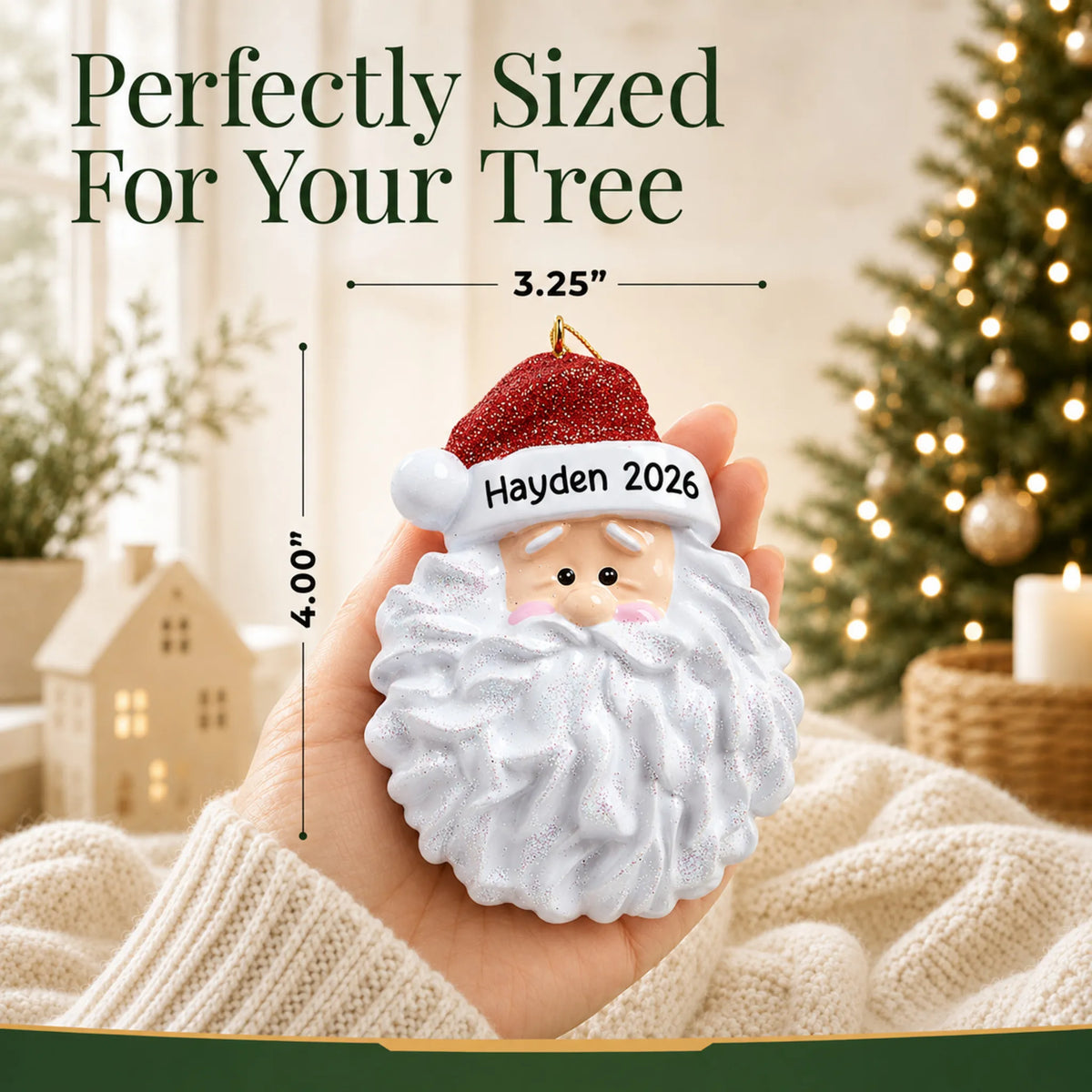 Size guide: the personalized Santa Glitter Beard christmas ornament is 3.25 in wide by 4.00 in tall, shown in hand