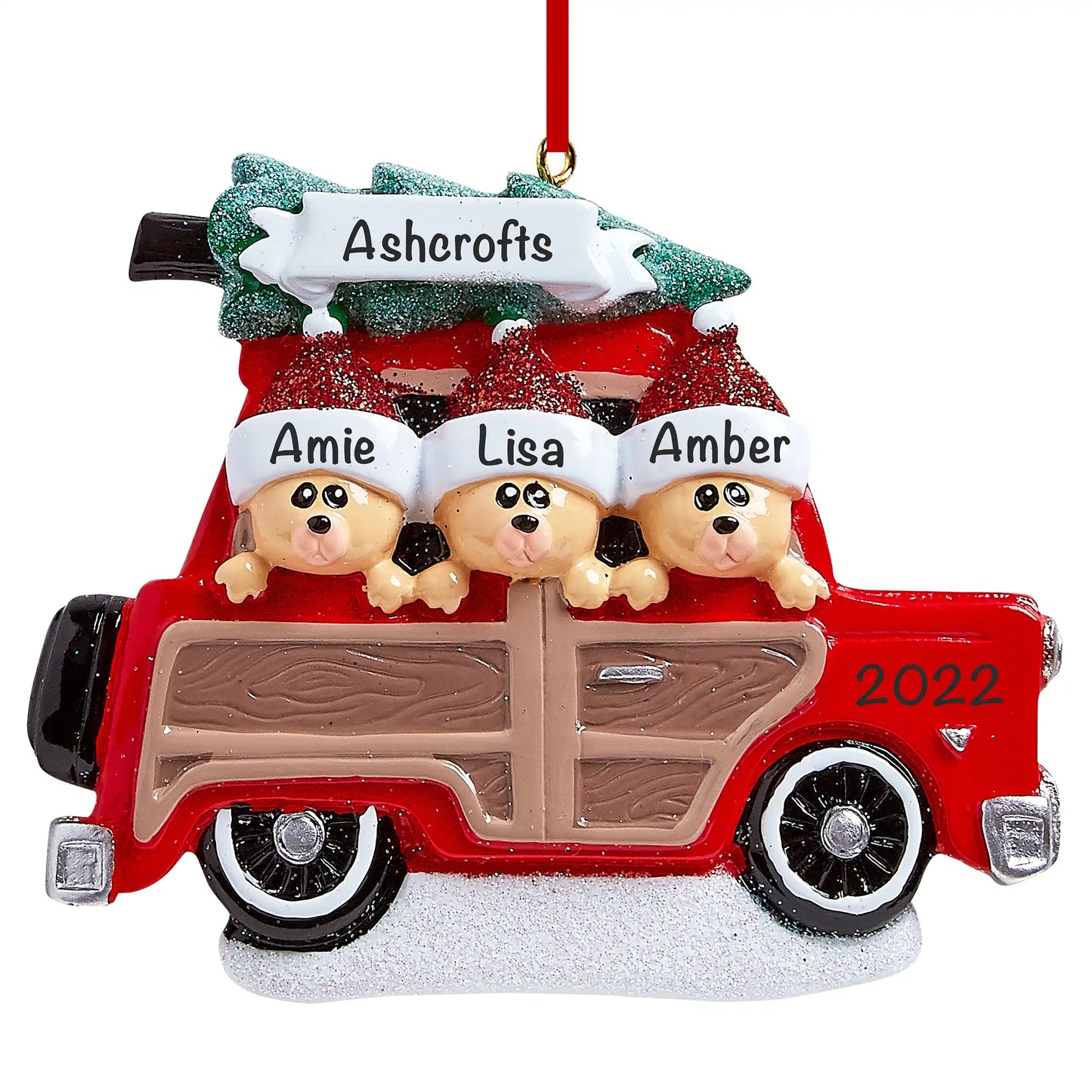 SUV Car Christmas Tree Bear Family of 3 Personalized Christmas Ornament