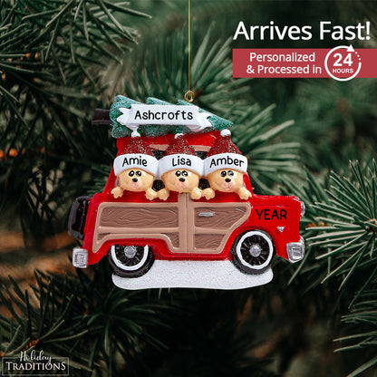 SUV Car Christmas Tree Bear Family of 3 Personalized Christmas Ornament