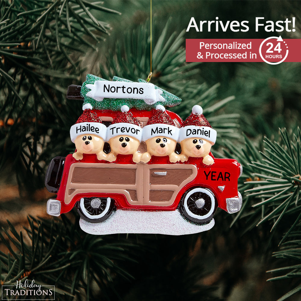 SUV Car Christmas Tree Bear Family of 4 Christmas Ornament