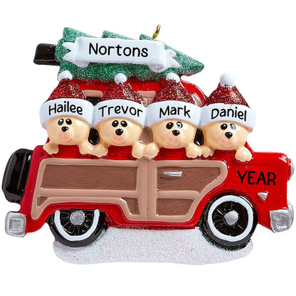 SUV Car Christmas Tree Bear Family of 4 Christmas Ornament