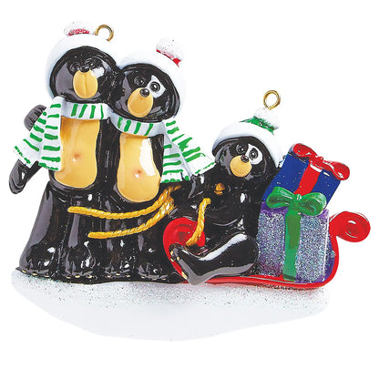 Black Bear Sled Family of 3 Christmas Ornament