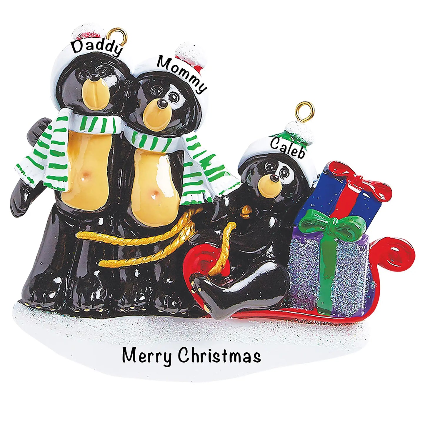 Black Bear Sled Family of 3 Christmas Ornament