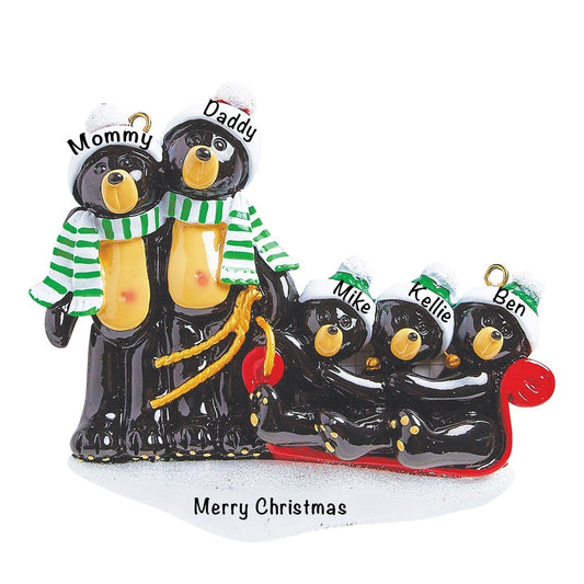 1203-5 Black Bear Sled Family of 5 Personalized Christmas Ornament