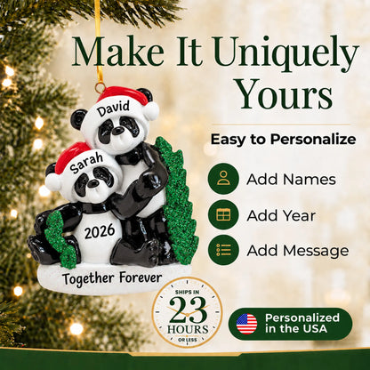 Make it yours: add names to the personalized panda couple christmas ornament